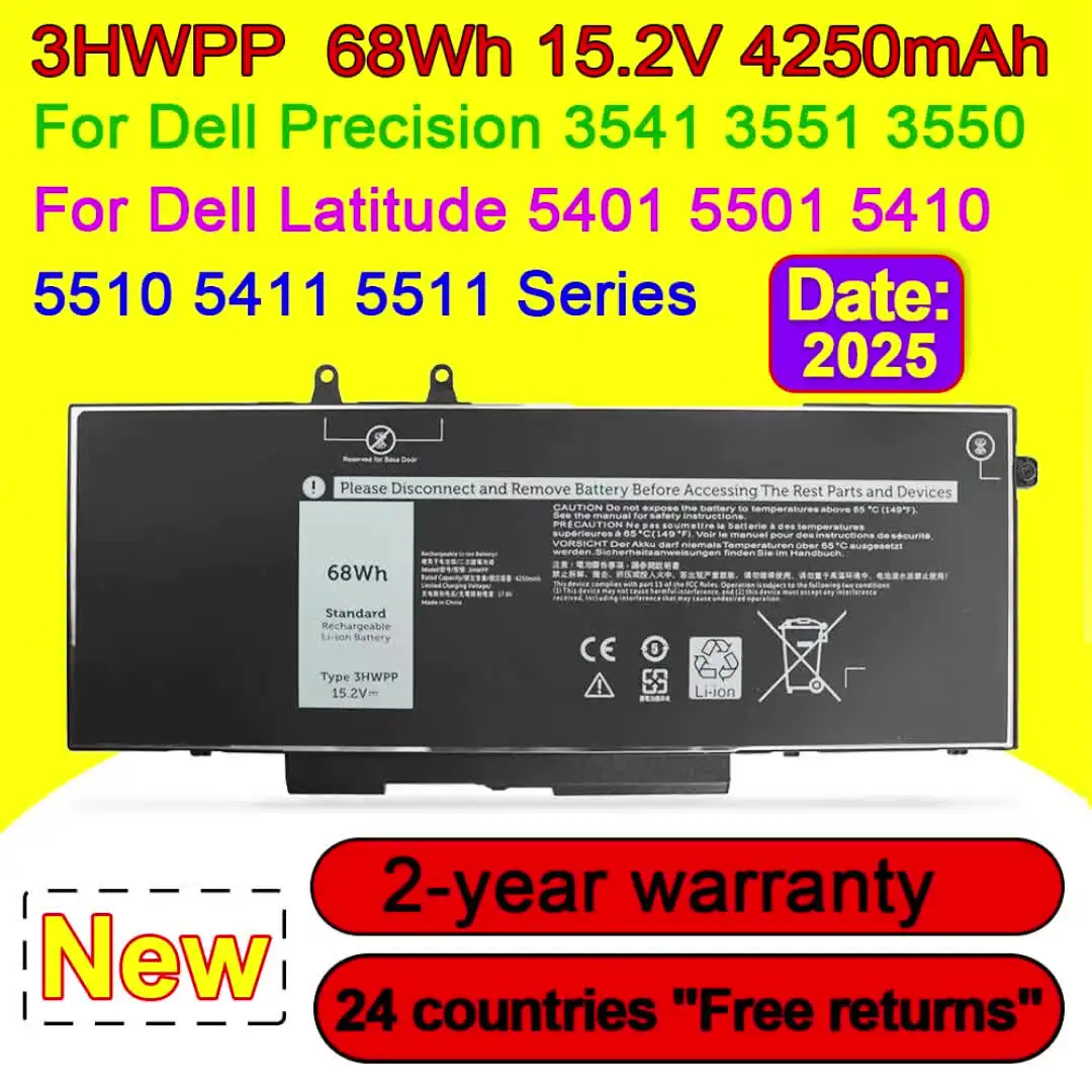 68Wh 3HWPP Replacement Battery For Dell Latitude 5410 5510 5501 5401 5411 5511 Precision 3541 3551,Inspiron 7706 2-in-1, Inspiron 17 7500 7506 2-in-1 Black 03HWPP 10X1J N2NLL 1VY7F 451-BCMN 15.2V