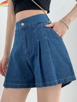 DFRCAEG 2024 Summer Plus Size Denim Shorts For Women High Elastic Waist Blue Or Sky Blue Pleated Mini Large Size Short Femme
