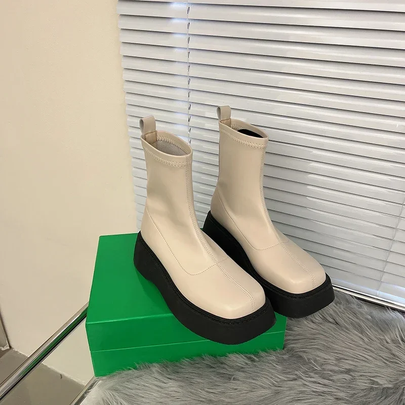 2023 Winter Chunky Boots For Women Square Toe Shoes Ladies Fashion Slip On Platform Thick Sole Short Boots Ladies Ankle Booties