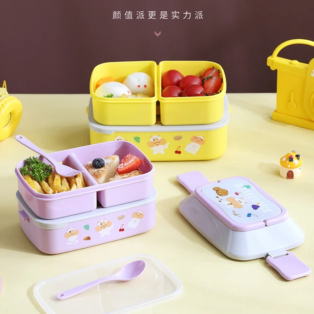 Collapsible Bento Box Portable Hermetic Lunch Box 2 Layer Grid Children  Student Bento Box with Fork Spoon Leakproof Microwavable - AliExpress