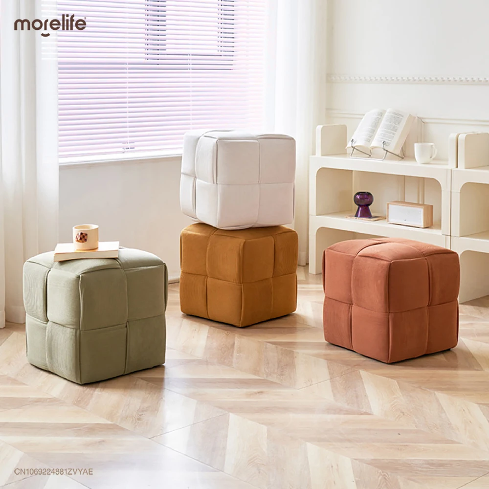 

Nordic Fabric Short Stool Ottomans Modern Home Living Room Retro Corduroy Square Sofas Footrests Shoe Changing Stools Furniture