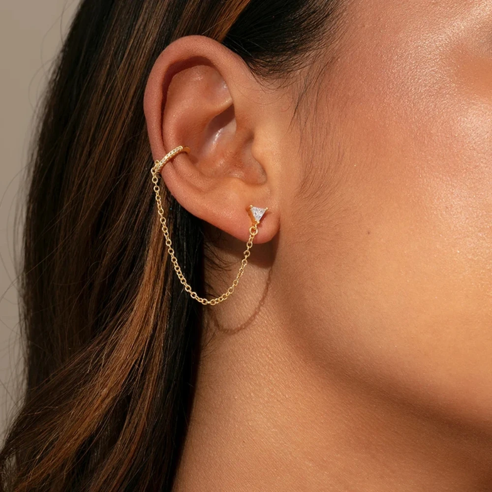 KIKICHIC | NYC | CZ Diamond Ear Cuff Chain Double Handcuff with Tiny Hoops Earrings in Solid Sterling Silver (925) in 14K Gold, White Gold. Gold