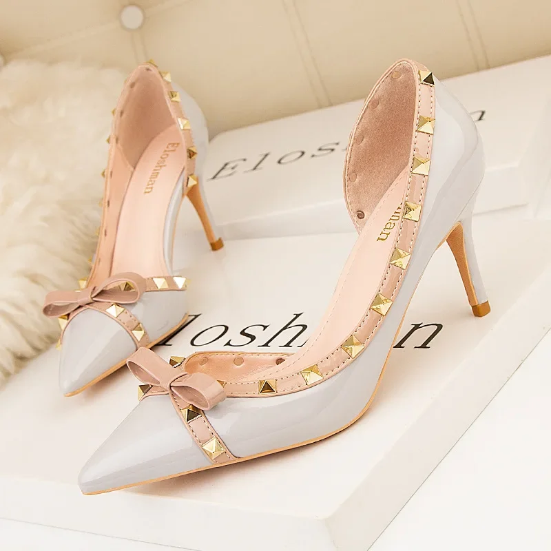

2024 New Sweet Bowknot Rivets Shallow Women Pumps Party Patent Leather Pointed Toe High Heels Shoes Cut-Outs Ladies Office Shoes