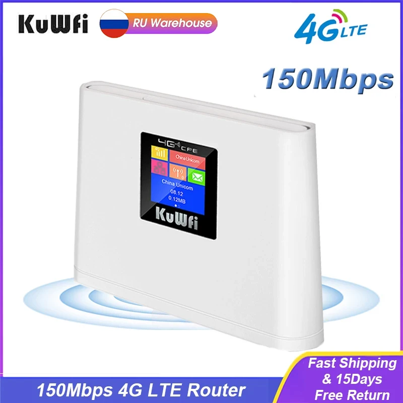 

KuWFi 4G LTE Router 150Mbps Wireless Wi-fi Router Built-in Antenna CAT4 Router WAN/LAN Fast RJ45 Port with Smart LCD Display