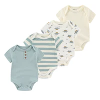 Barboteuse en coton à manches courtes pour nouveau-né, vêtements pour bébé garçon et fille, costume de batterie imprimé, dessin animé, été, 0-12M, 4 pièces 2