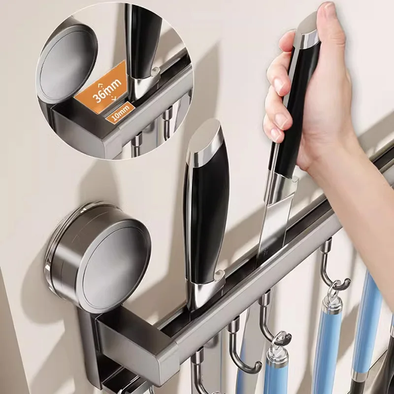 Suction Cup Kitchen Hanging Rack with Sliding Hooks Wall Mount Cooking Tool Utensils Hanger Knife Spoon Movable Hanging Shelf