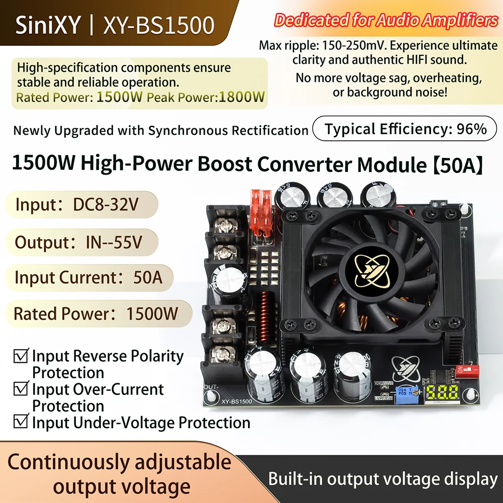 새로운 고출력 부스트 컨버터 모듈 900/1500W 조정 가능한 저리플 스텝업 DC 전원 공급 장치(팬 포함 오디오 전용)