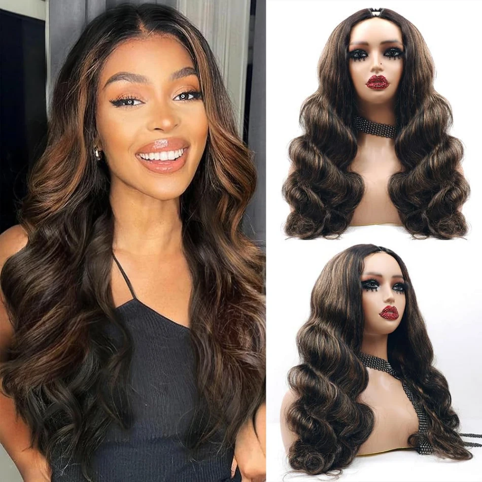 Highlight V Part Wig Body Wave Human Hair Wigs P1B30 Glueless Brazilian Wigs 250 Density Machine Made V Shape Wigs 30 36 Inch