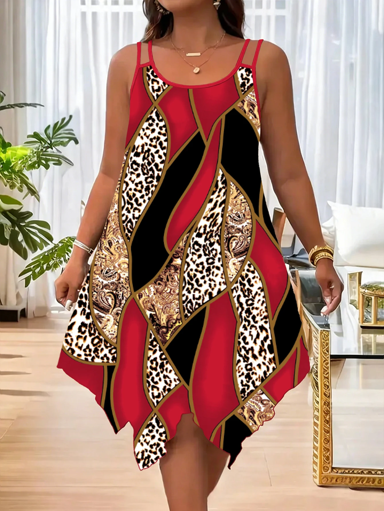 Plus-Size Damenmode asymmetrisches Kleid mit geometrischen Streifen und doppelten Trägern