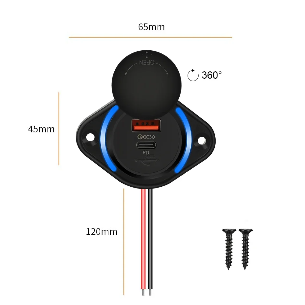 48W PD QC 3.0 차량용 충전기 소켓 슬라이딩 캡 포함 USB 타입-C 고속 충전기 전원 콘센트 차량용 보트 버스 RV용