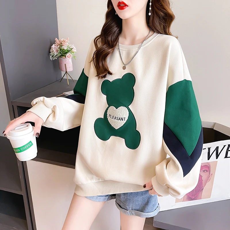 Women's Thin Oversized Sweatshirts Casual O-neck Loose Pullover Harajuku Girls Cute Bear Appliques Off-shoulder Tops