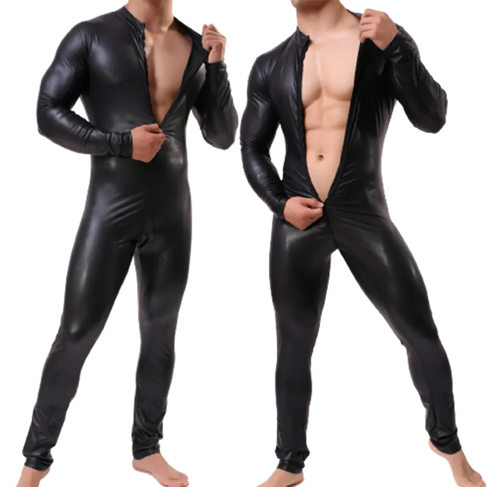 

Men Long Faux Leather Zipper Bodysuits Undershirt Leather Catsuit Zipper Open Crotch Bodycon Jumpsuit Clubwear Wrestling Singlet