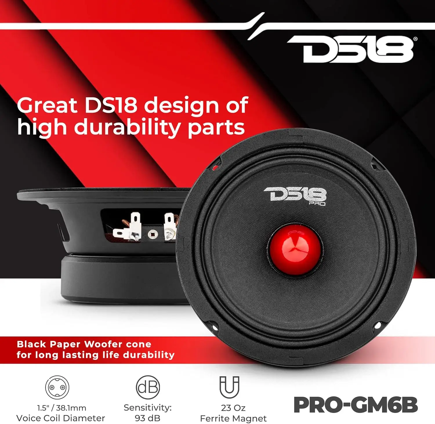 PRO-GM6B 6.5' Midrange Speaker, 480W Max, 140W RMS, 8 Ohms, Red Bullet-Premium Car Door Speaker