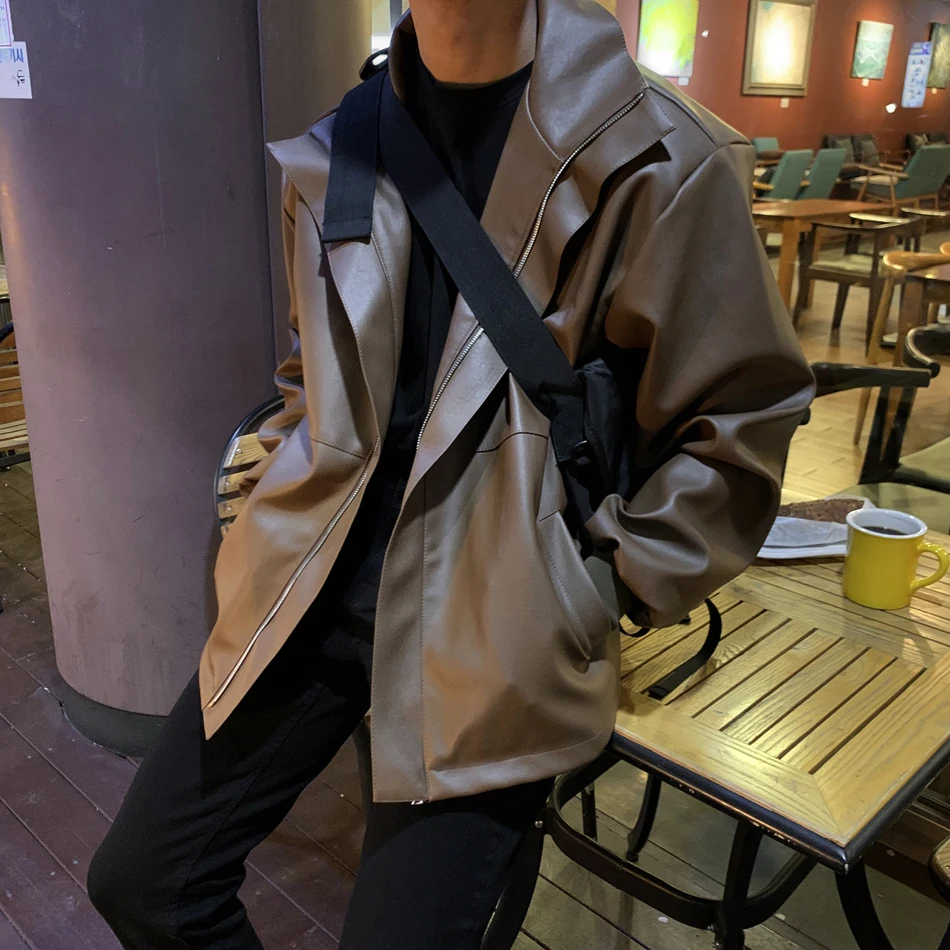 

2023 Men's Streetwear Loose Pu Leather Jacket Fashion Trend High Quality Brown Color Coats Popular OVERSIZED Outerwear M-2XL