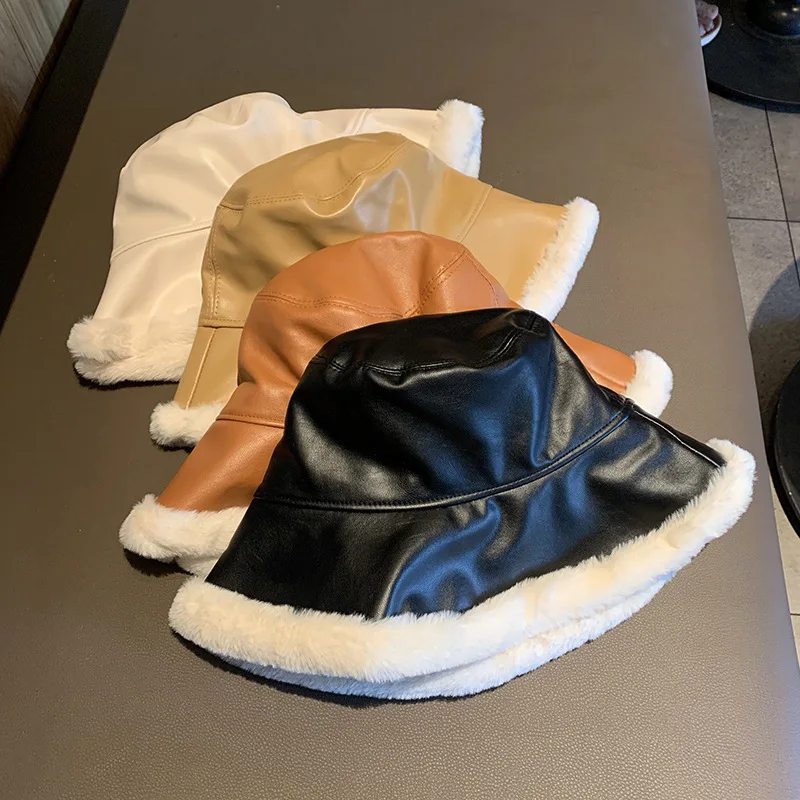 2021 Autumn Winter Bucket Hats Women PU Leather Panama Hat Thick Warm Plush Fisherman Cap for Girl Crimping Basin Hat Kapelusz