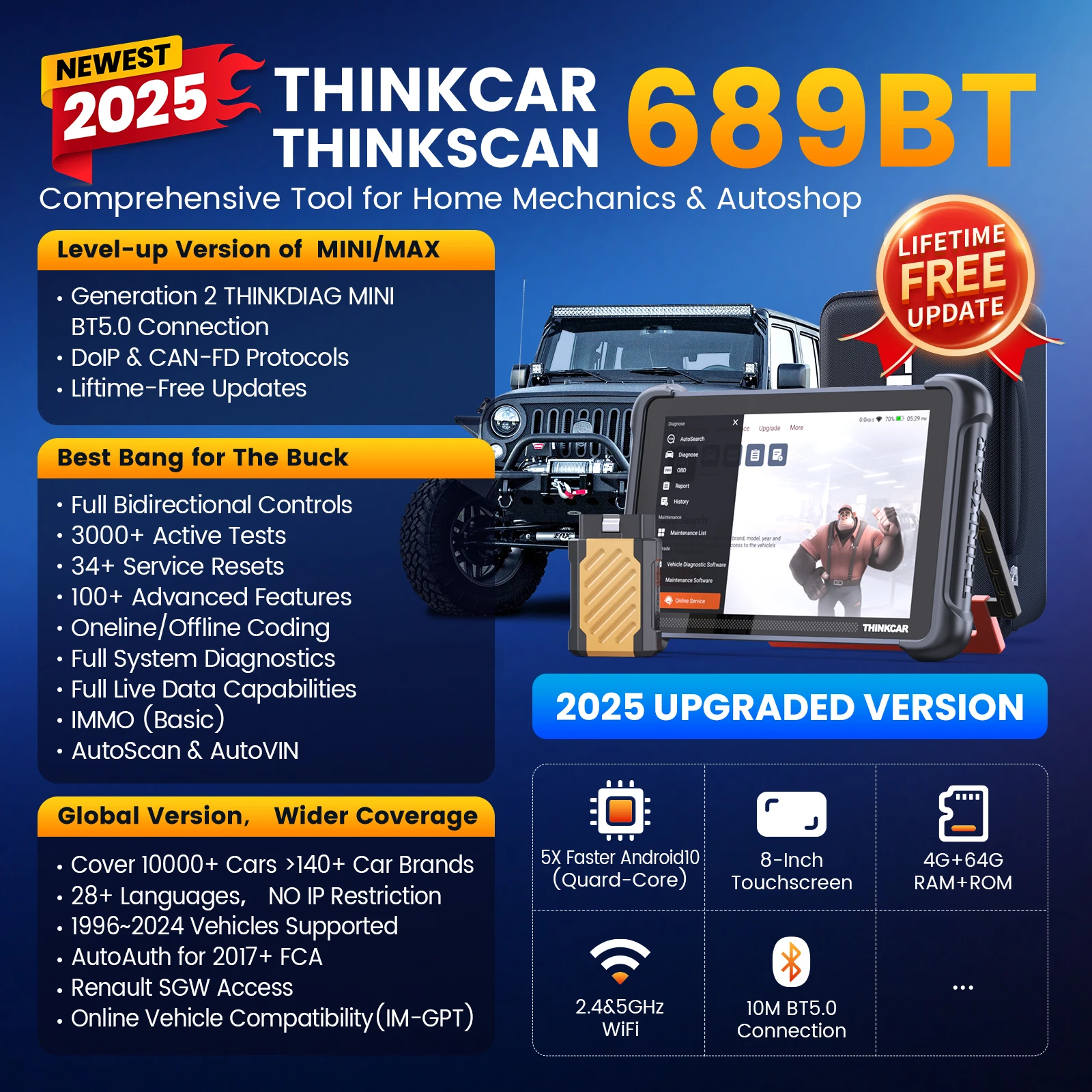 THINKCAR THINKSCAN 689BT Professional Car Diagnostic Tool CANFD DOIP Bi-directional ECU Coding 34 Reset Full System Obd2 Scanner 2