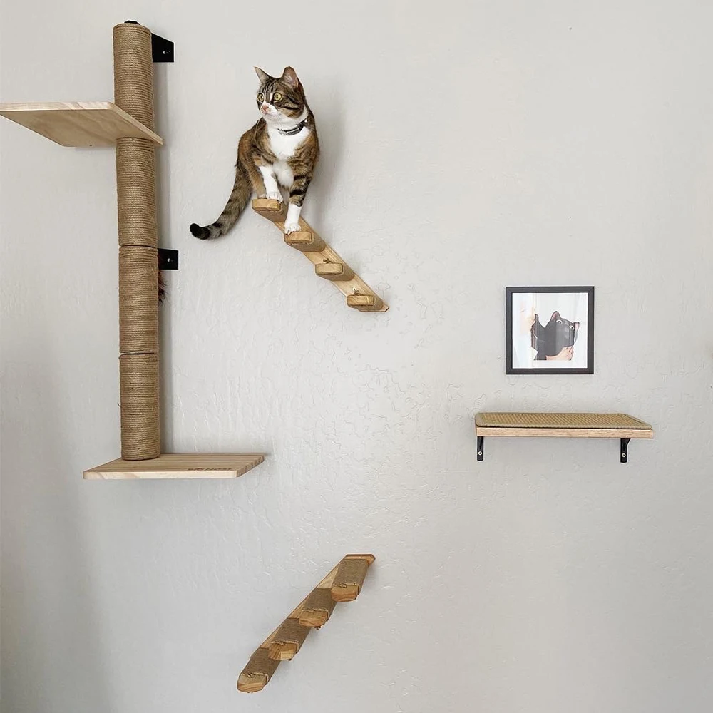 

Wooden Cat Wall Mounted Climbing Shelves Jumping Platform or Hammock with Ladder and Small Pedals for Kitten Playing Sleeping