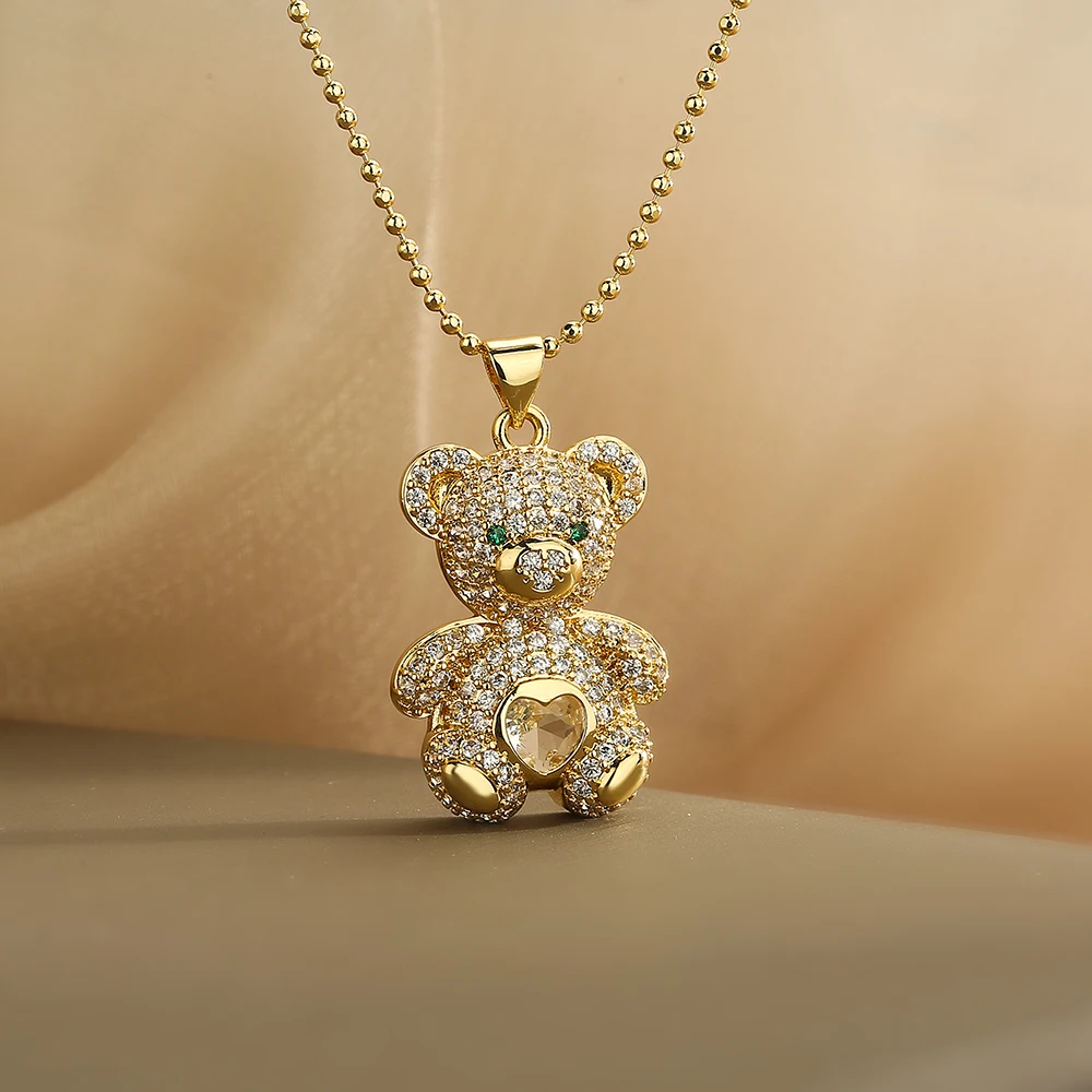 Collana Con Ciondolo Orsetto E Cuore Rosa Zirconi E Strass - Catenina Oro 50 Cm - Regalo Per Donna E Ragazza - 3