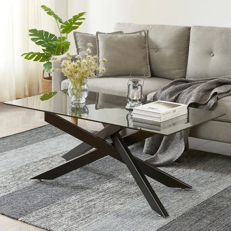 

Rectangle Modern Coffee Table, Gray Tempered Glass Table Top and Black Metal Tubular Legs 47.3”Lx23.6”Wx18.1”H