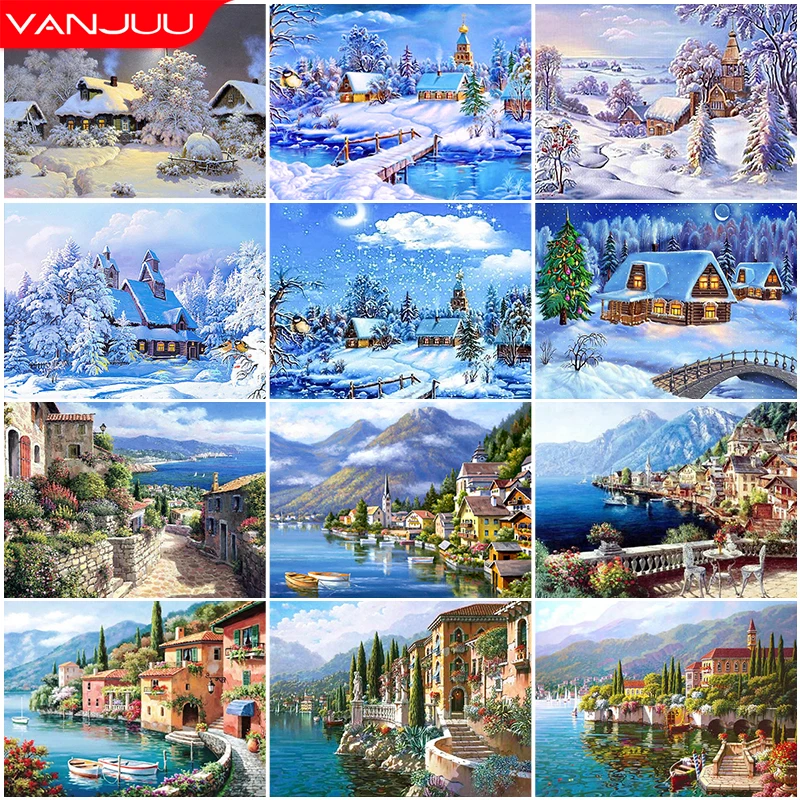 Diamond Painting Landscape Winter Harbor Cross Stitch Kit 5D DIY Full Round Diamond Embroidery Mosaic Art Deco Gift