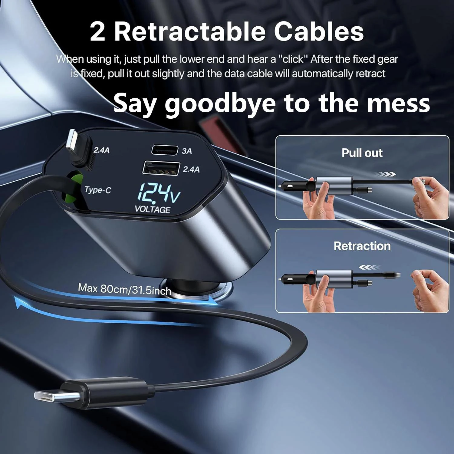 Versatile 4-in-1 Fast Charging Vehicle Charger with Retractable Cable and Dual USB Ports, 120W