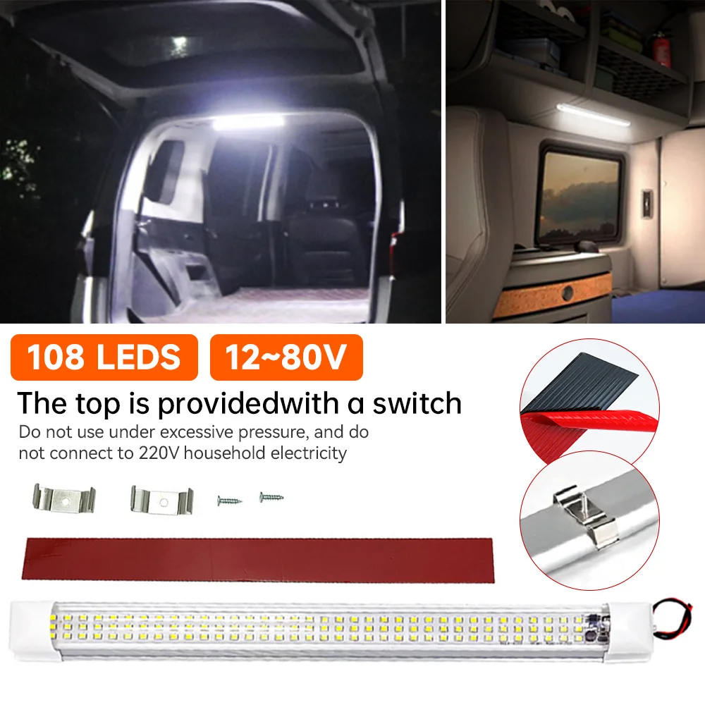 

12V 108LED Car Interior Light Strip Bar Lamp Van Bus Caravan On/Off Switch 4.5W Car Trunk Lamp Led Luggage Compartment Light