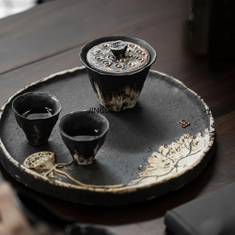 200ml Ceramic Handmade Embossed Lotus Teapot Coarse Ceramic Cover Bowl Kung Fu Tea Set Gift