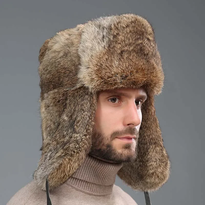 

Winter Outdoor Bomber Hats for Men New Natural Rabbit Fur Russian Hat Ushanka Earflap Man Thick Warm Ski Caps Gorro Ruso N150
