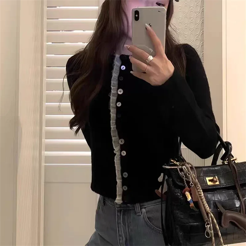Women Knitted Lace Ruffles Long Sleeve Elegant Cardigan Sweater