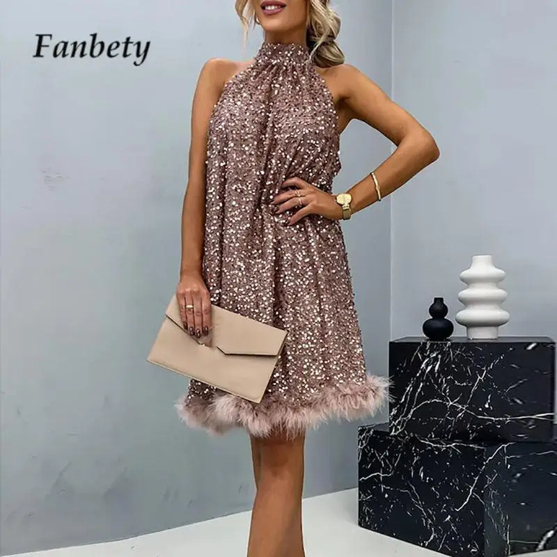 

Fashion Stand Collar Halter Sleeveless Sequin Dress Sexy Shiny Backless Lace-up Loose Dress Elegant Lady Feather Patchwork Dress