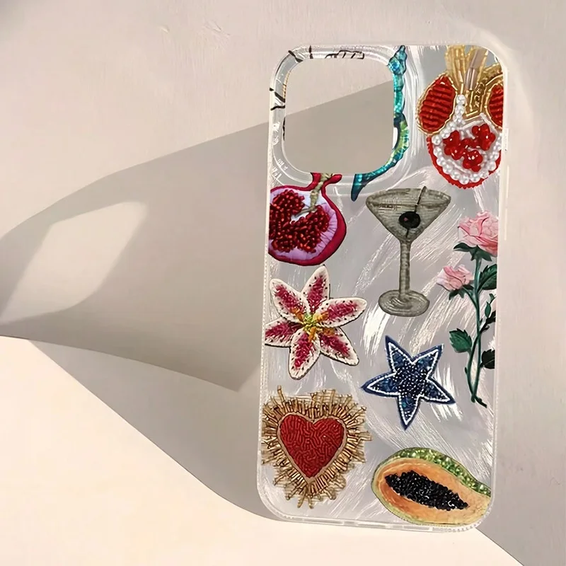 Chic Beaded Heart & Flower Pattern Phone Case Cover