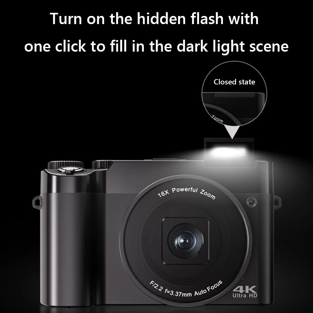 4K 64MP Digital Camera Vlogging Camera with Anti-Shake Flash 16X Digital Zoom Selfie Compact for YouTube