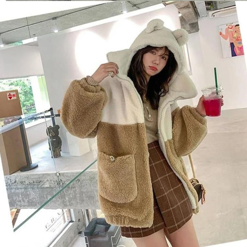

Women Cute Bear Ears Hoodies Jacket Winter Warm Faux Fleece Long Sleeve Sweatshirt Coat Colorblock Fuzzy Plush Zip Up Oversized