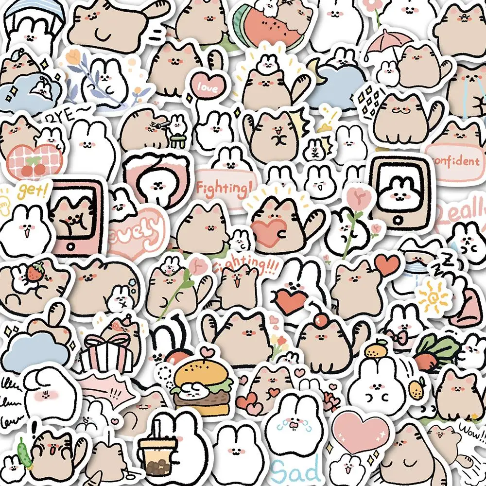 10/60PCS Cat&Rabbit Animals Kawaii Stickers Pack DIY Skateboard Motorcycle Suitcase Stationery Decals Decor Phone Laptop Toys