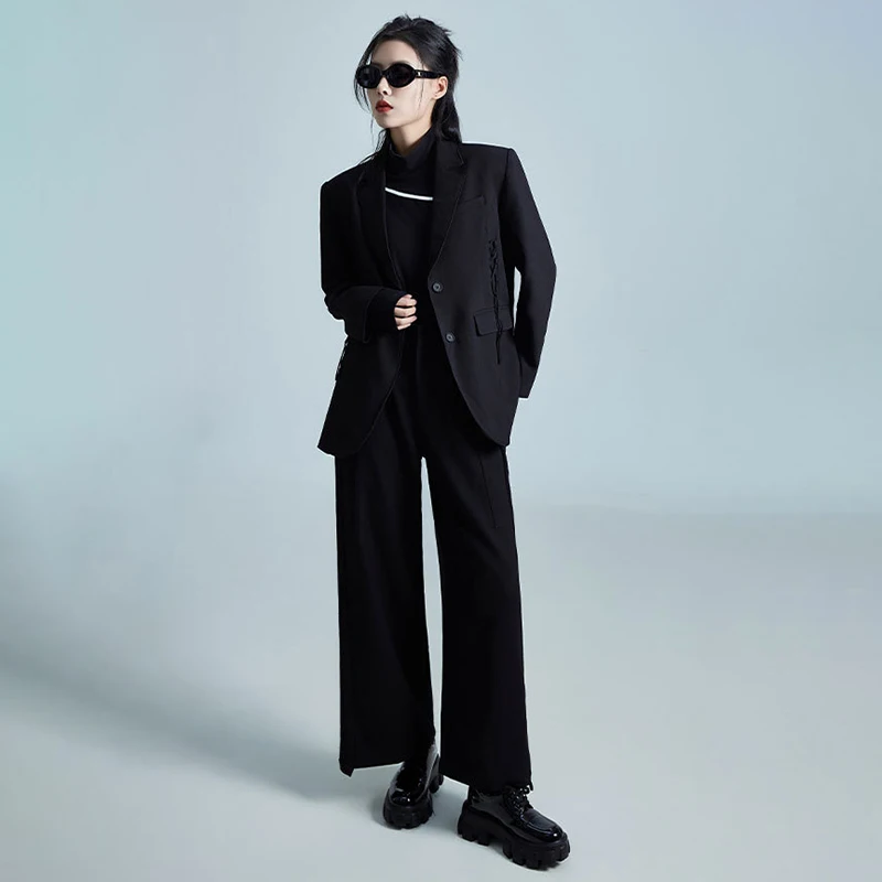 Comfy Soft Cotton Blazers Women 2024 Spring Fall Tailored Coat Black Office Lady Business Jacket Loose Fit Ribbons Split Hem