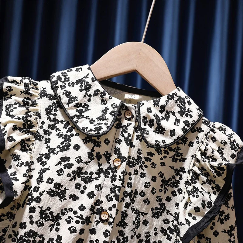 Kids Shirts Fashion Floral Printing Peter Pan Collar Splicing Agaric Edge Contrast Color Button Blouse