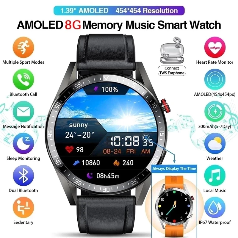 SACOSDING  ȭ Ʈ ġ 454*454 AMOLED 1.39 ġ ũ ׻ ÷ ð 8GB   Smartwatch  2022