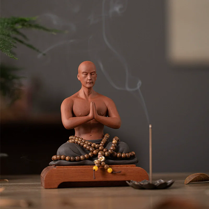 Zen Little Monk Figurine, Buddhist Style Meditation Boy Statue for Home Desk Decor, Tea Room, Fish Tank Ornament & Garden Landsc