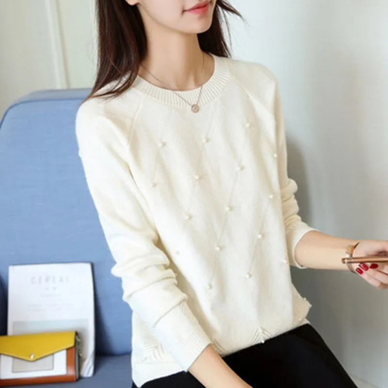 

New Spring and Autumn Fashion Trend Round Neck Versatile Foreign Style Solid Color Beaded Loose Reducing Age Women's Sweater