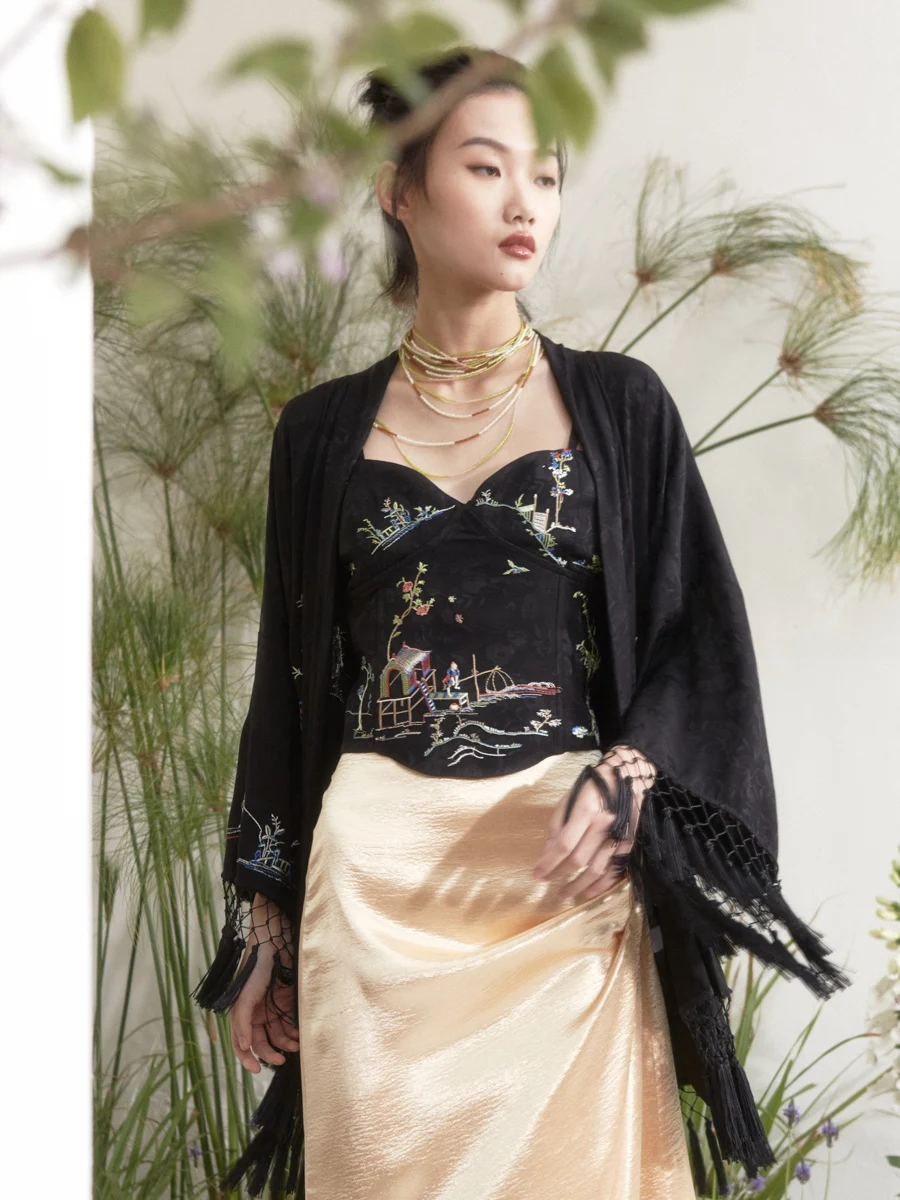 Embroidered Jacquard Cardigan Design Tassel Edge Coat