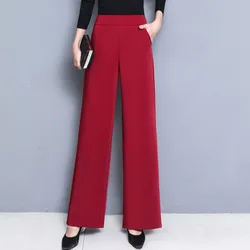 Spring and Autumn Women's Solid Pocket High Waist Elastic Elastic Wide Leg Loose Fit Fashion Elegant Commuter Casual Pants