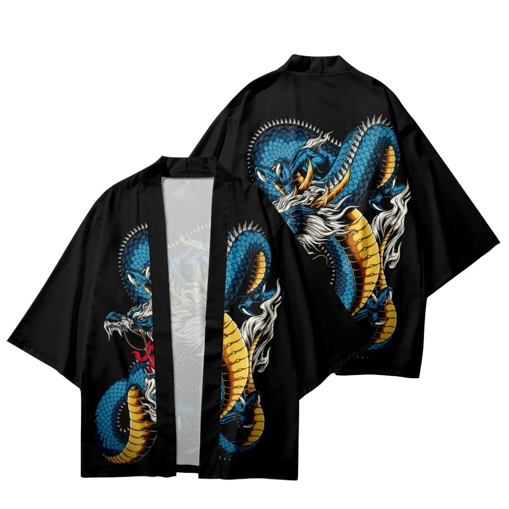 Samurai Streetwear Summer Clothing Chinese Dragon Anime Print Traditional Kimono Men Women Yukata Cardigan Black Cosplay Haori