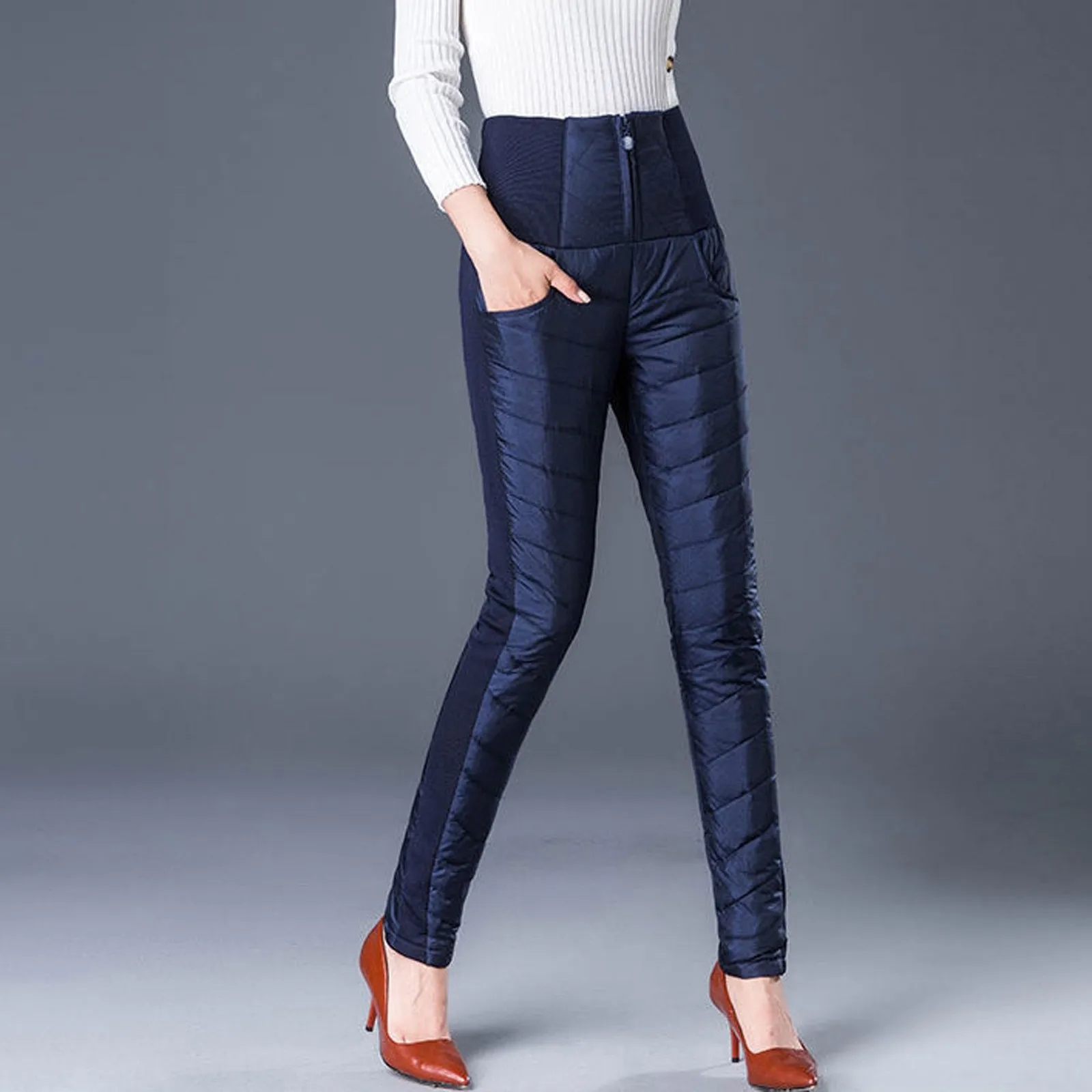 

Women'S Winter High Waist Zipper Plush Windproof And Warm Eiderdown Cotton Pants Casual Straight Loose Trousers Pantalon Femme