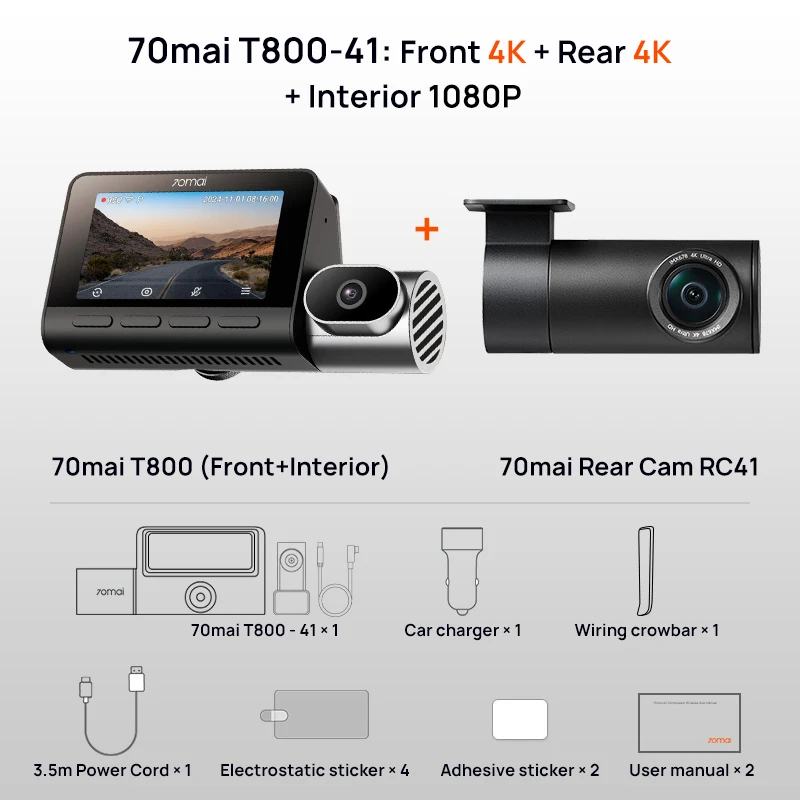 كاميرا داش 70mai T800 4K ثلاثية القنوات