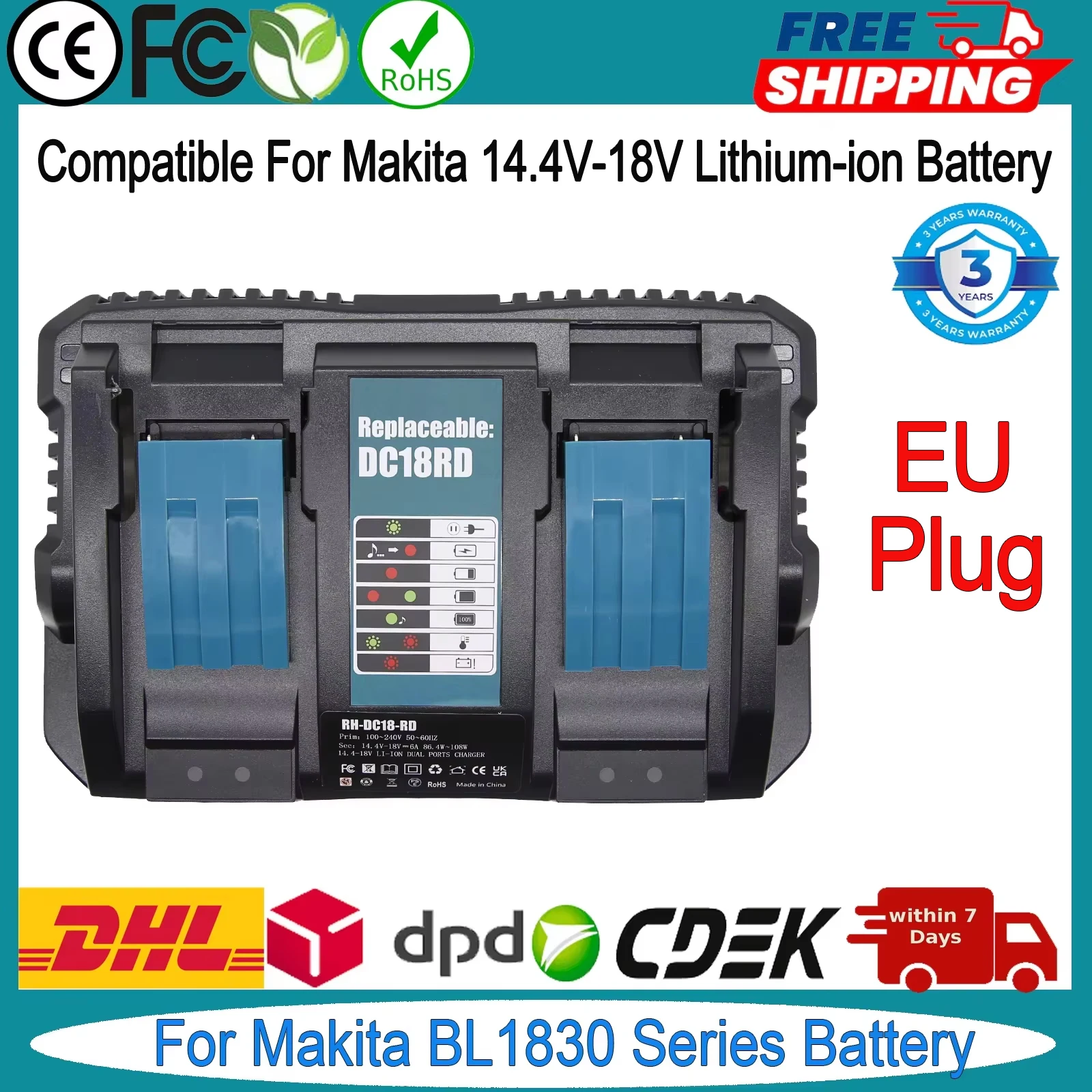 Makita-compatible dual charger shown from the front