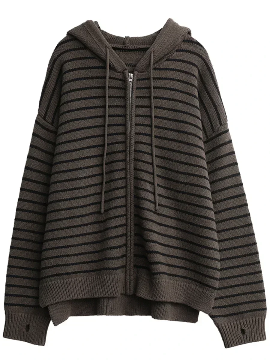CHIC VEN Women Fashion Cardigan Casual Hooded Striped Knitted Coats Korean Loose Long Slevees Female Sweaters Autumn New 2024 6