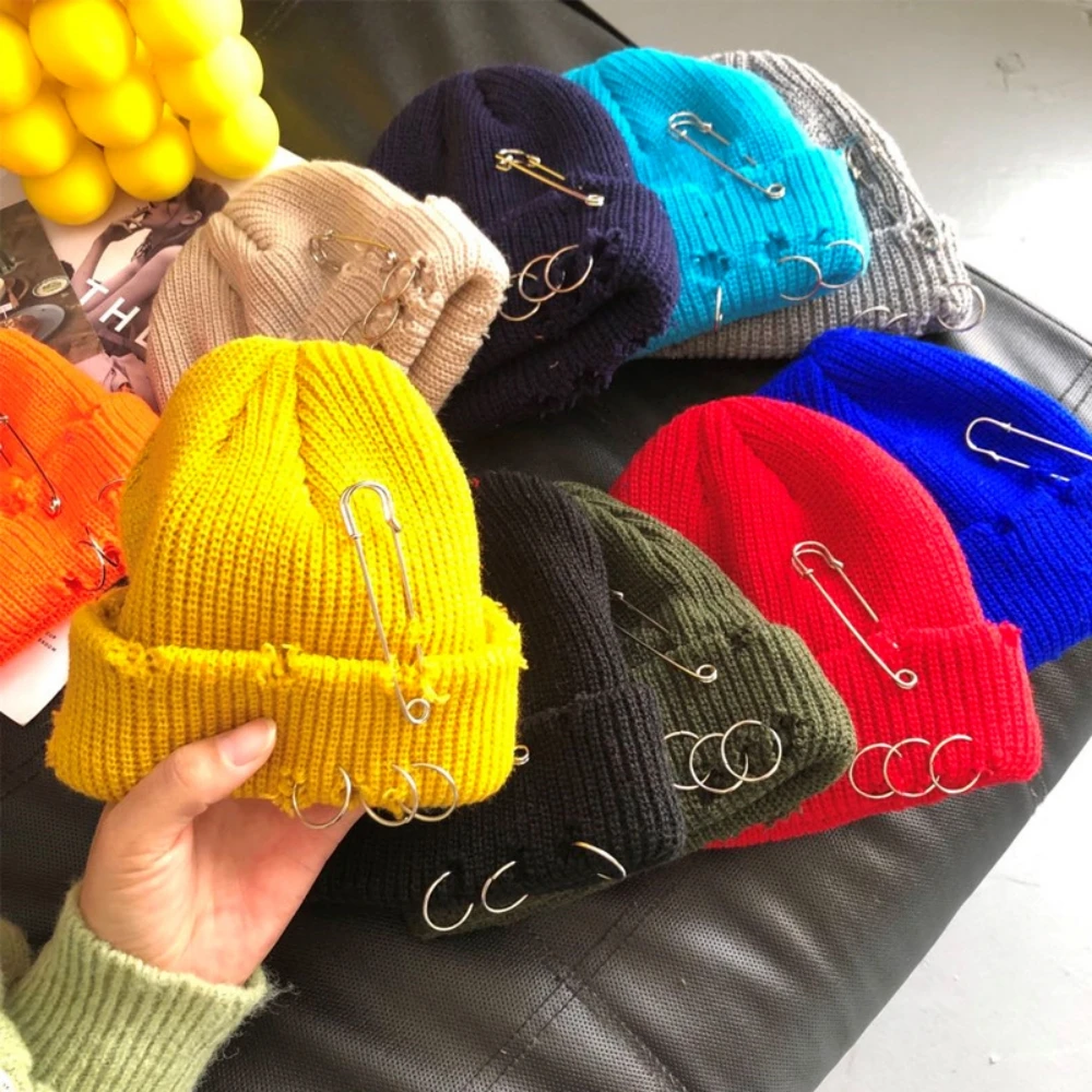 Hat for Women Autumn and Winter Ring Pin Street Hip-Hop Woolen Hats with Holes Edging Knit Cap Men's Trendy Cold-proof Beanies - 4