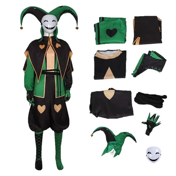 Costume da Pierrot per Uomo, Uniforme da Clown Verde con Calze a Righe, Maschera e Cappello, Set Completo per Adulti per Halloween