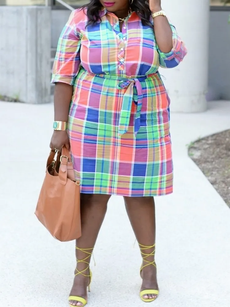 

ZJFZML ZZ Plus Size Women's Clothing Rainbow Plaid Print Turn Down Collar Half Sleeve Single Breasted Knee Length Midi Dresses