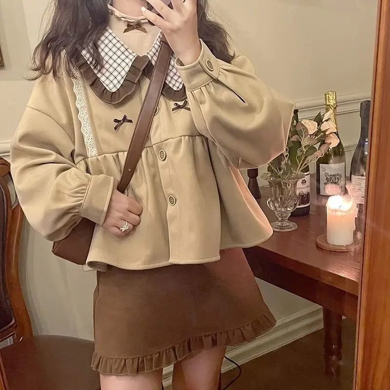 2022 Spring Autumn Kawaii Shirt Women Japanese Korean Cute Peter Pan Collar Ruffle Blouse Girls Sweet Loose Outwear
